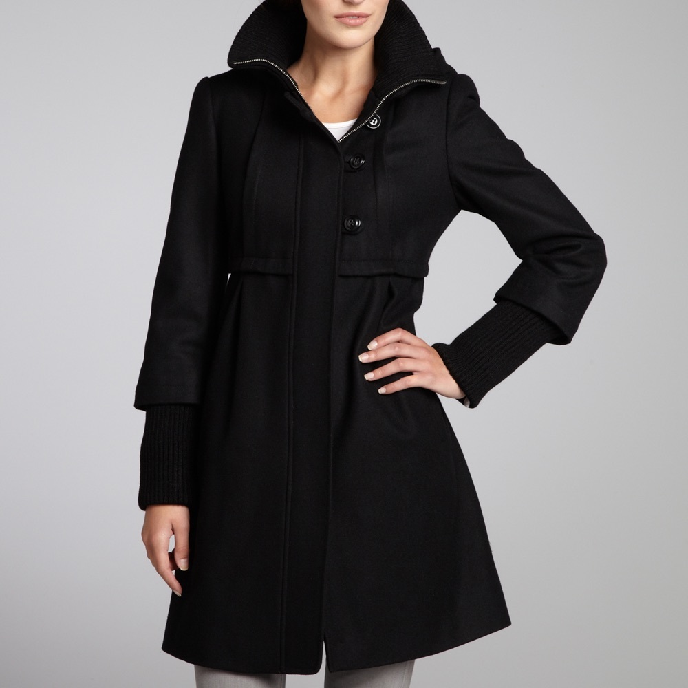 DKNY Black Hooded Winter Wool Coat